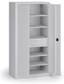 Policová dielenská skriňa na náradie KOVOS, perforovaný panel, 5 polic, 2 zásuvky, 950 x 600 x 1950 mm, sivá