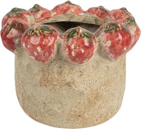 Béžový antik terakotový obal na kvetináč s jahôdkami - Ø 15*12 cm