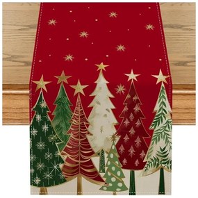 Ľanový vianočný behúň MAGIC TREES 33x180 cm, červený