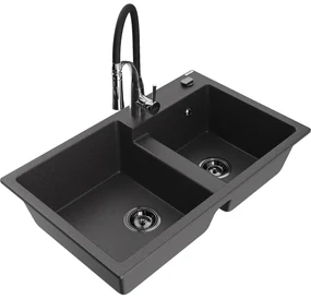 Mexen Tomas, 2-komorový granitový drez 800x500x190 mm a drezová batéria Aster, čierna škvrnitá, 6516-76-73450-07-B