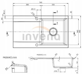 Invena Tesalia, 1-komorový granitový drez s odkvapkávačom 760x440x160 mm + chrómový automatický sifón, INV-AZ-01-043-B