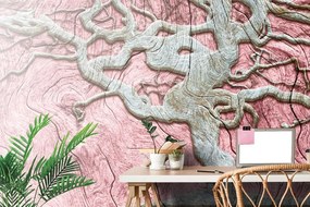 Samolepiaca tapeta abstraktný strom na dreve s ružovým kontrastom