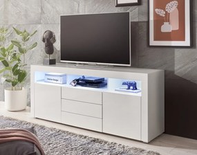 Široká TV skrinka Leeds, biela lesk, s osvetlením
