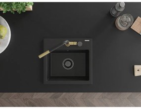 Mexen Milo, 1-komorový granitový drez 435x410x171 mm a drezová batéria Flora, čierna, 6505-77-670401-57-B