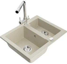 Mexen Carlos, 1,5-komorový granitový drez 582x475x177 mm a drezová batéria Duero, béžová, 6518-69-671600-00