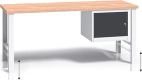 Výškovo nastaviteľný pracovný stôl do dielne G3 so závesnou skrinkou na náradie, buková škárovka, 1700 x 685 x 840 - 1050 mm, grafit