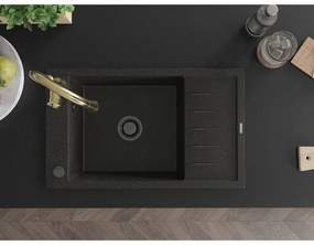 Mexen Elias, 1-komorový granitový drez 795x480x200 mm a drezová batéria Savita, čierna-zlatá metalíza, 6511-75-672601-50-B