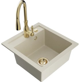 Mexen Vito, 1-komorový granitový drez 520x490x210 mm a drezová batéria Savita, béžová, 6503-69-672601-50