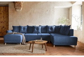 Tmavomodrá menčestrová rozkladacia rohová pohovka (pravý roh/do "U") Lazy Lukka – Miuform