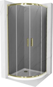 Mexen Rio, štvrťkruhový sprchovací kút s posuvnými dverami 80(dvere) x 80(dvere) x 190 cm, 6mm šedé sklo, zlatý profil + biela sprchová vanička SLIM, 863-080-080-50-40-4110G