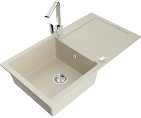 Mexen Leo, drez granitový 900x500x190 mm, 1-komorový, béžový s chrómovým sifónom a chrómová drezová batéria Rita, 6501-69-670300-00