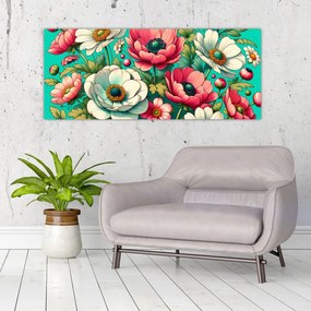 Obraz - Kvety na modrom pozadí (120x50 cm)