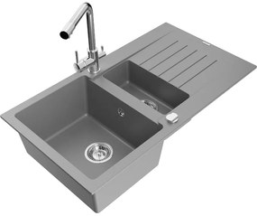 Mexen Matias, granitový drez 900x505x200 mm, 1,5-komorový a chrómová batéria Duero, šedá, 6502-71-671600-00