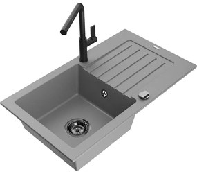 Mexen Pablo, 1-komorový granitový drez 752x436x161 mm a drezová batéria Flora, šedá, 6510-71-670401-70-B