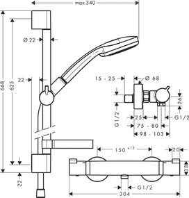 Hansgrohe Croma 100, Vario sprchová súprava na stenu s termostatom Ecostat Comfort a sprchovou tyčou 65 cm, chrómová, HAN-27034000