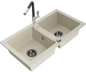 Mexen Mario, 2-komorový granitový drez 820x436x161 mm a drezová batéria Flora, béžová, 6504-69-670401-07-B
