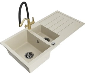 Mexen Andres, granitový drez 1000x500x200 mm, 1,5-komorový a drezová batéria Duo, béžová, 6515-69-671701-57-B