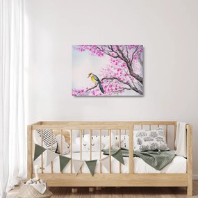 Sklenený obraz - Vtáčik na strome s ružovými kvetmi (70x50 cm)
