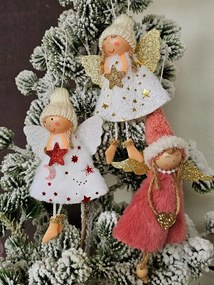 Biela látková závesná dekorácia anjel s hviezdičkou - 8*3*15 cm