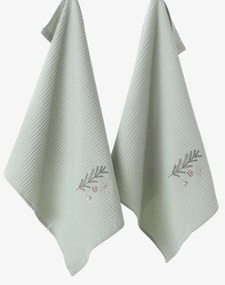 Goldea vianočná kuchynská vaflová utierka s výšivkou - baňky na vetve na šalviovom 50 x 70 cm