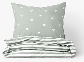 Goldea bavlnené posteľné obliečky - srdiečka na šalviovo zelenom s prúžkami 240 x 220 a 2ks 70 x 90 cm