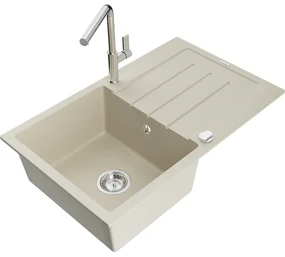 Mexen Bruno, 1-komorový granitový drez 795x495x200 mm a drezová batéria Flora, béžová, 6513-69-670401-00