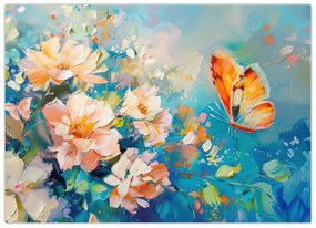 Sklenený obraz - Motýľ a kvety, olejomaľba II. (70x50 cm)