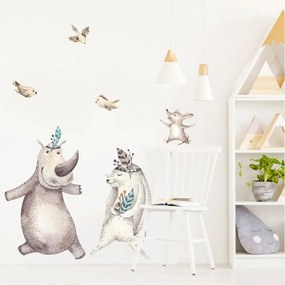 Gario Detská nálepka na stenu Forest team - nosorožec, zajačik, myška a vtáčiky Rozmery: 99 x 66 cm