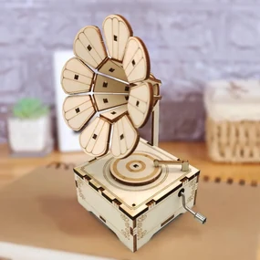 3D drevené puzzle fonograf s hudobnou skrinkou