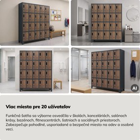 Šatňová skrinka s 20 priehradkami na nožičkách, antracitová/orechová, 1360x1720x450 mm: ROBERT Eco Design