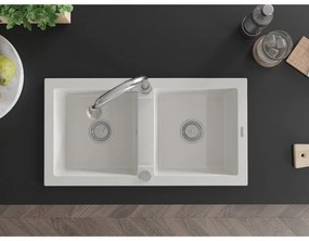 Mexen Mario, 2-komorový granitový drez 820x436x161 mm a drezová batéria Elia, biela, 6504-20-670101-00