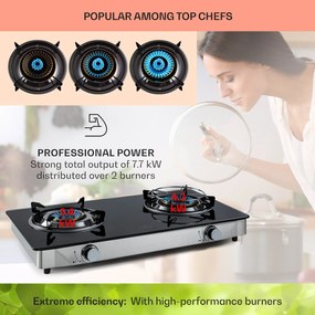 Klarstein Barzona 2, kempingový varič, 2 horáky, 3,4 kW a 4,3 kW, sklenená doska, kryt z nehrdzavejúcej ocele