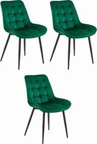 Set troch jedálenských stoličiek BERA zamatové tmavozelené / čierne nohy (3ks)