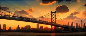 Obraz - Západ slnka nad mostom Bena Franklina, Filadelfia (120x50 cm)