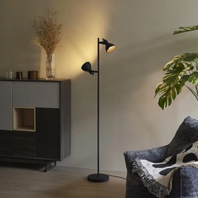Priemyselná stojaca lampa čierna s drevom 2-svetlá - Jakub