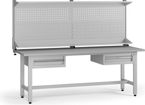 Výškovo nastaviteľný dielenský stôl G5 s nadstavbou, 2100 x 750 x 800-1000 mm, 2x kontajner, 2 zásuvky, sivá