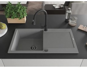 Mexen Leo, 1-komorový granitový drez 900x500x190 mm a drezová batéria Elia, šedá, 6501-71-670101-70-B