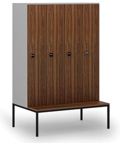 Drevená šatníková skrinka S4 s lavičkou, 4 oddiely, 1871 x 1200 x 500/800 mm, demont, RFID zámok, sivá/orech