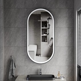 Erga Gwen, oválne LED zrkadlo 50x100cm v čiernom kovovom ráme, 3 farby svetla, predné osvetlenie, vyhrievacia podložka proti zapareniu, ERG-V01-GWEN-5010-BK