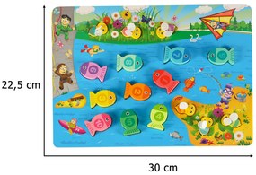 KIK Drevené Montessori puzzle 3v1 – magnetický rybolov, triedenie a počítanie