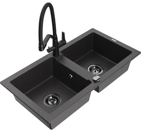 Mexen Mario, granitový drez 820x436x161 mm, 2-komorový a drezová batéria Duo, čierna škvrnitá, 6504-76-671701-70-B