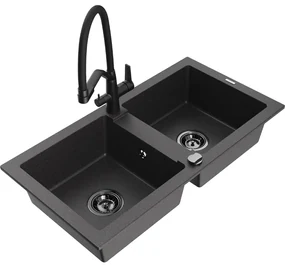 Mexen Mario, granitový drez 820x436x161 mm, 2-komorový a drezová batéria Duo, čierna škvrnitá, 6504-76-671701-70-B