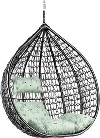 Čierne závesné kreslo KOKON bez stojana, svetlozelený vankúš so vzorom