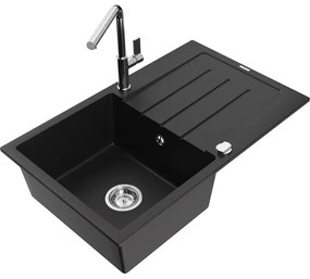 Mexen Bruno, 1-komorový granitový drez 795x495x200 mm a drezová batéria Flora, čierna, 6513-77-670401-00