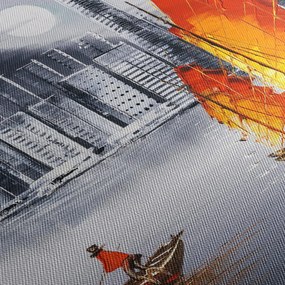 Obraz - Victoria Harbor, Hong Kong, čiernobiela olejomaľba (s hodinami) (90x30 cm)