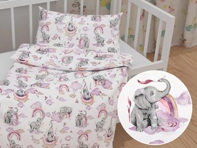 Biante Detské bavlnené posteľné obliečky do postieľky Sandra SA-464 Slony s fialovou dúhou na bielom Do postieľky 90x140 a 50x70 cm