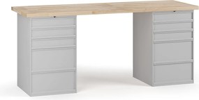 Dielenský pracovný stôl G7, buková škárovka, 2000 x 685 x 840 mm, 2x kontajner, 10 zásuviek, sivá