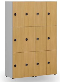 Drevená šatníková skrinka S4 s úložnými boxmi, 6 boxov, demont, kódový zámok, sivá/breza