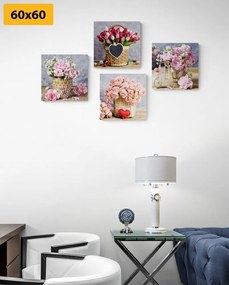 Set obrazov kytice kvetov vo vintage prevedení - 4x 60x60