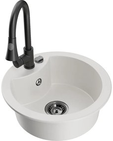 Mexen Diego, 1-komorový granitový drez 488x488x167 mm a drezová batéria Elia, biela, 6512-20-670101-70